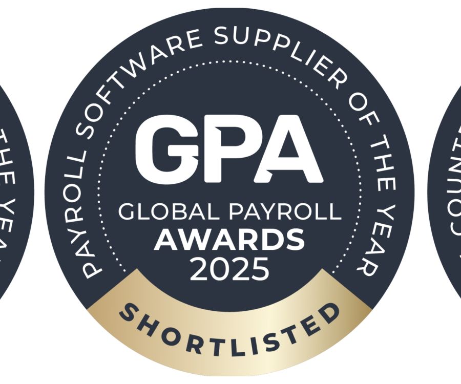 Three 2025 Global Payroll Awards shortlist badges: regional payroll supplier, payroll software supplier, and in-country payroll provider.